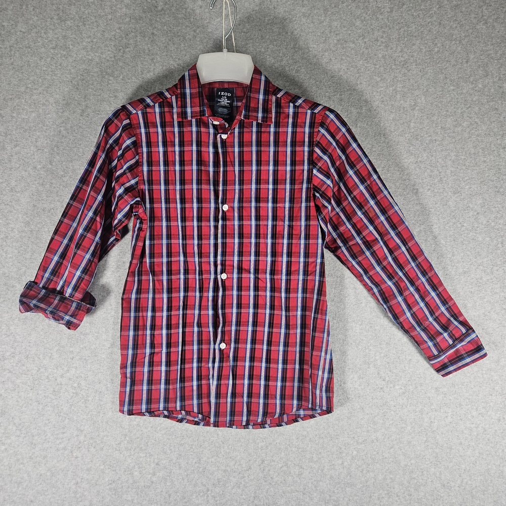 Boys Izod Red and Blue Plaid Button Down Shirt Size L 14/16